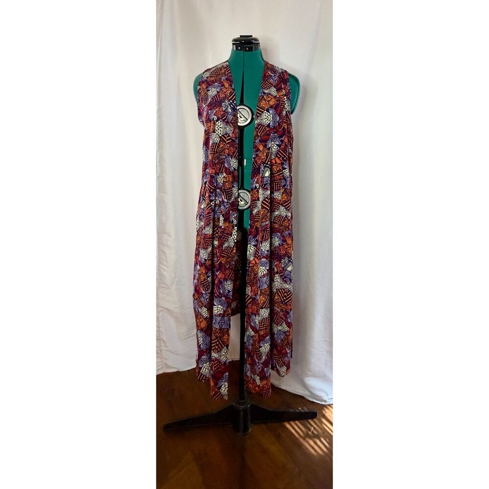 NWT LuLaRoe Joy long sleeveless orange, blue, and purple vest. Size small